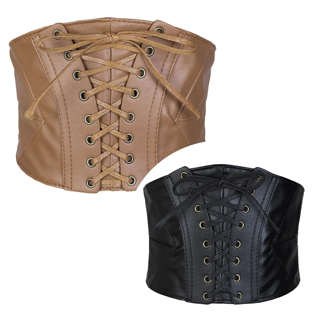 Women Corset Belt Gothic Hight Elastic PU Leather Female Lace-up Corset Belts Slimming Waist Vintage Corset Wide Waistband Belt