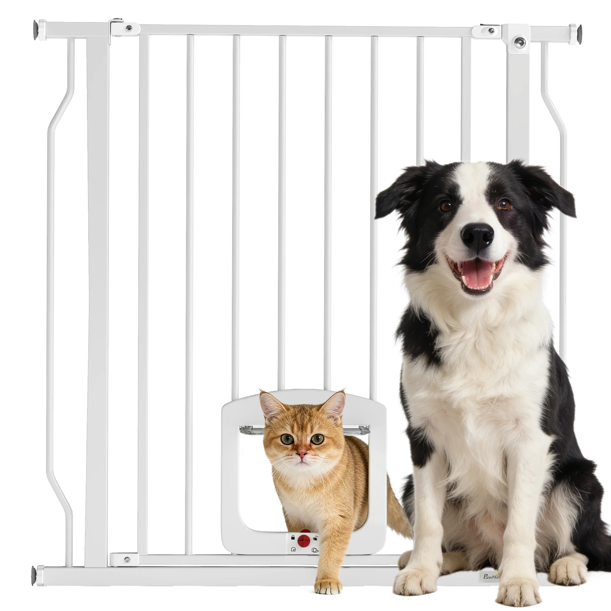 PawHut Barrera de Seguridad para Perros con Puerta Pequeña para Escaleras y Puertas 75-85 cm con Doble Bloqueo Blanco