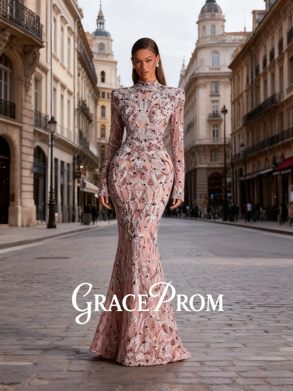 

Вечернее платье GraceProm с кристаллами и высоким воротом и длинными рукавами, роскошное сетчатое вечернее платье длиной до пола, изысканное ковровое платье русалки