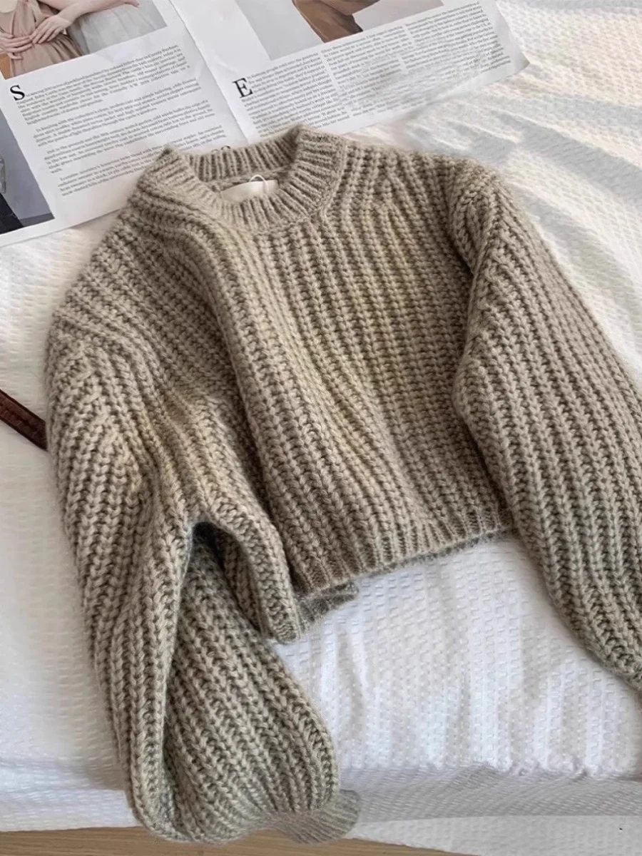 

Grey Short Knitted Sweater Women's Autumn Winter round Neck Pullover Thick Needle Line Embroidery Top High Waist Korean Style