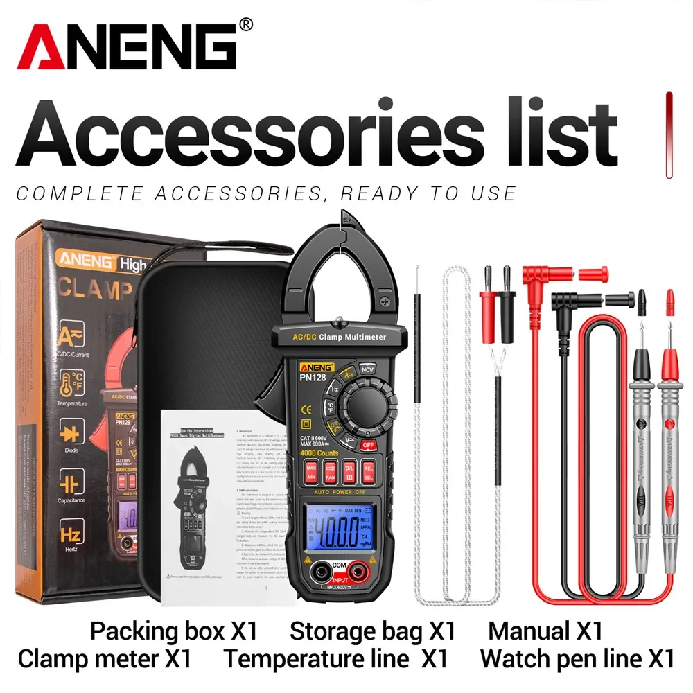 ANENG-PN128 Clamp Meter, AC DC Voltage Tester, 600A Corrente, NCV True Rms Multímetro, Auto Ranging Ferramentas Eletricista