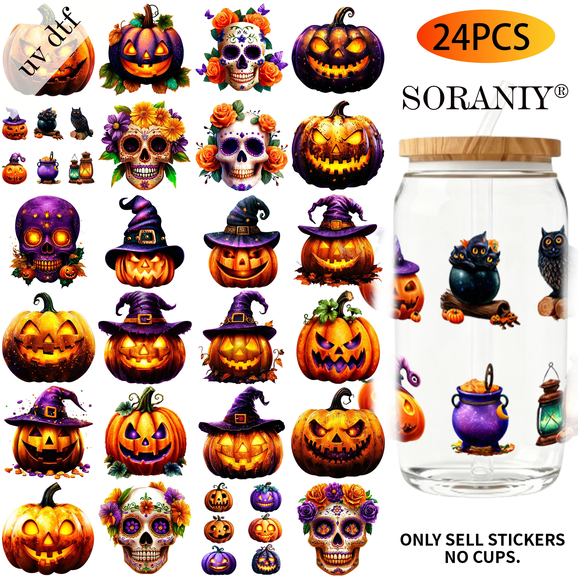 UV DTF Transferaufkleber - 24 Stück/Set Halloween-Thema UV DTF 16OZ DIY Transferaufkleber