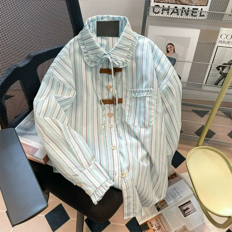 

Korean Style Doll Collar Horn Button Striped Shirt Women's Spring Autumn Design Unique Chic Long-Sleeved Top Large Size Blouses