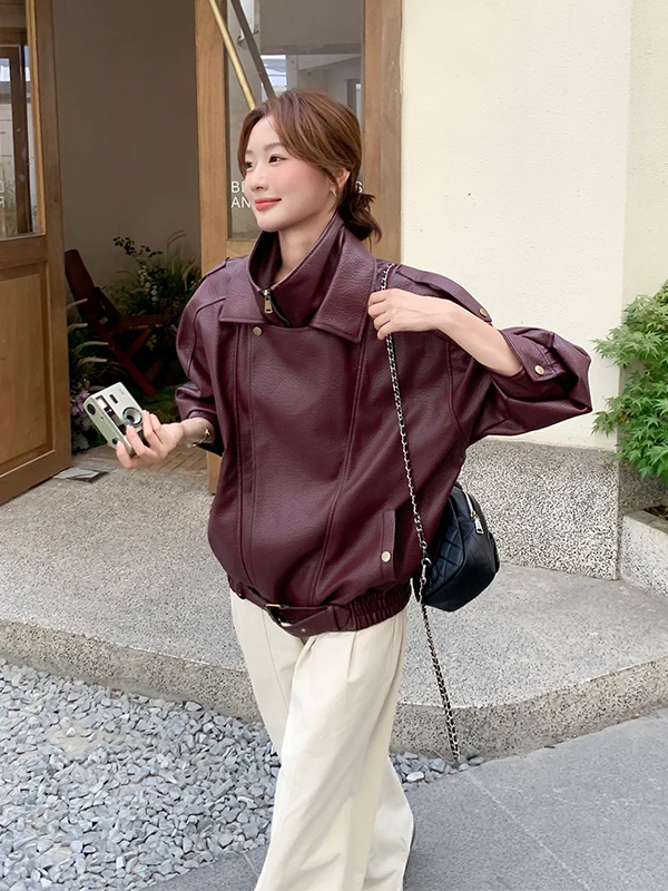 

Винно-красная кожаная куртка-косуха для женщин, весна-осень 2025, новая уникальная красивая кожаная куртка премиум-класса