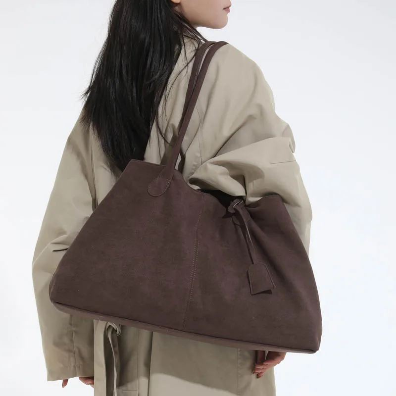 Women Suede Tote Bag Solid Color Shoulder Bag Large Capacity Handbags Trendy Satchel Bags Work Travel Shopping Commuter Tote Sac