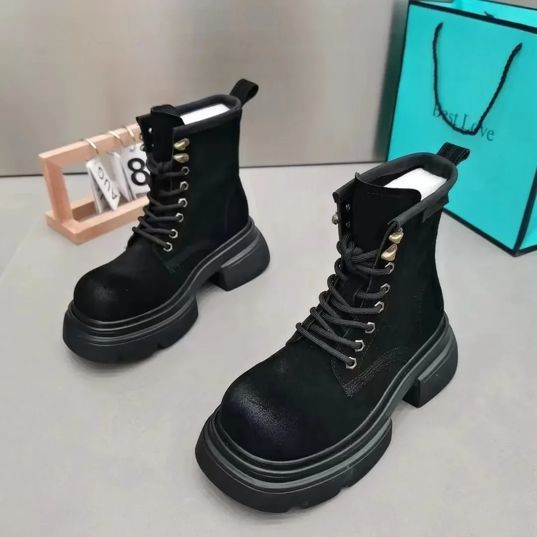 Matte Patent Leather Lace Up Fashion Boots Women Shoes New Retro Motorcycle Short Boots Thick Bottom Work Boots Zapatos De Mujer