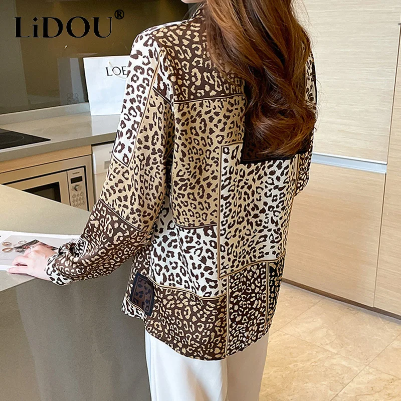 2022 frühjahr Neue Leopard Patchwork Drucken Satin Hemd Frauen Koreanische Stil Polo Neck Langarm Blusen Elegante Mode Casual Top