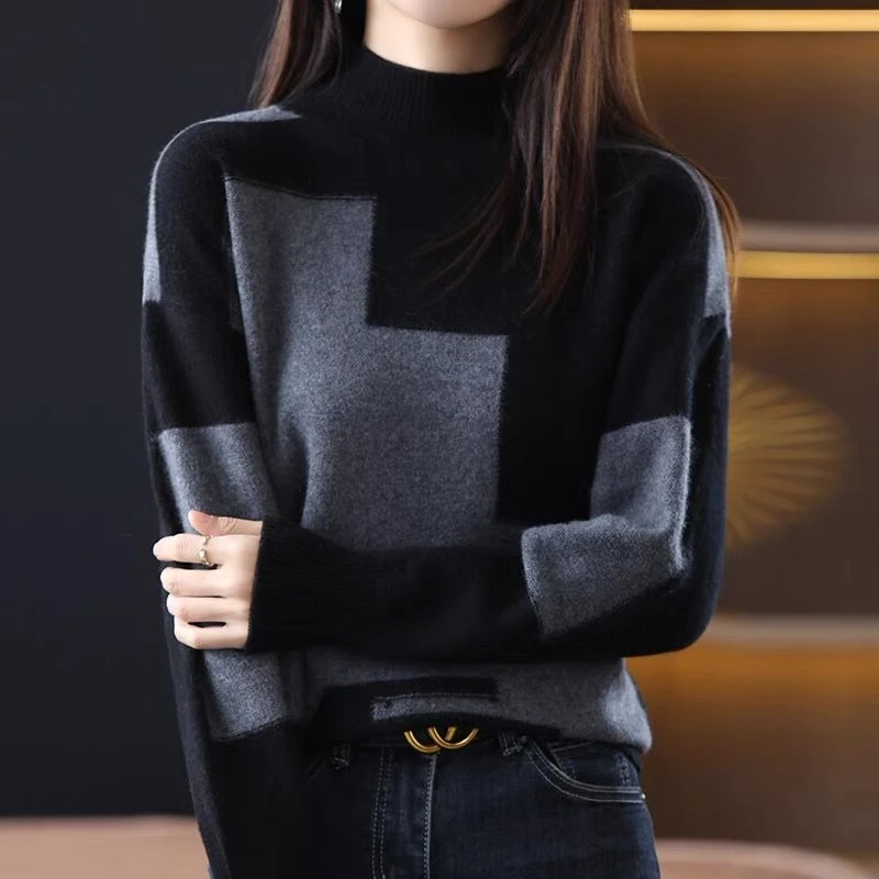 

Autumn Winter Half High Neck Knitted Wool Sweater Women's Base Layer Color Block Cashmere Long Sleeve Crew Neck Sweater