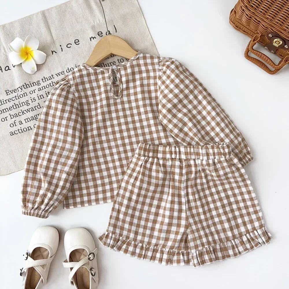 Children's Clothing Autumn Khaki Plaid Suits Long Sleeved Round Neck Top+Shorts Two-piece Sets Simple Basic Girl's Clothing image 2
