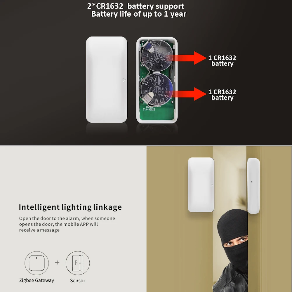 Sensor de puerta Zigbee2MQTT, Sensor de ventana de casa inteligente funciona con asistente de hogar, Sensor de alarma de ventana de puerta eWelink