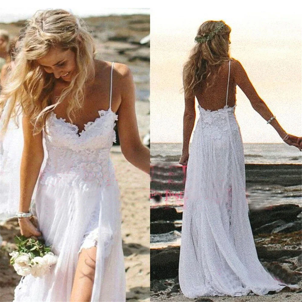 

ZJ9026 Galactic Customized Sexy Spaghetti Straps Sweetheart Lace Chiffon A Line Bridal Gowns Beach Wedding Dress