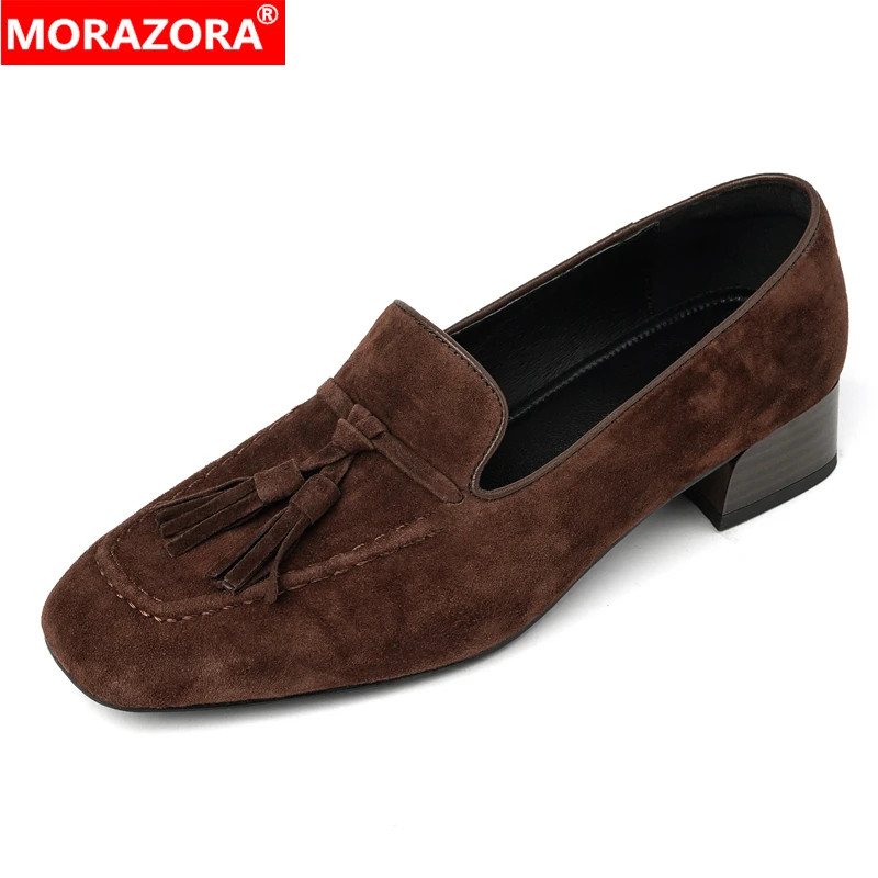 

MORAZORA замшевые женские лоферы черно-коричневые квадратные туфли на низком каблуке ручной работы в стиле ретро весна-лето женская офисная повседневная обувь