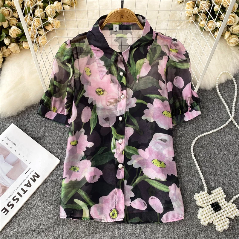 Camisa feminina de chiffon estampada em flores, jaqueta de lapela de peito único, manga curta, fina, blusa coreana, tops femininos, verão