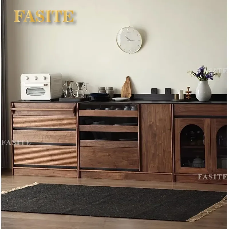 North American Black Walnut Sideboard Cabinet Vintage Solid Wood Storage Console with Power Track Slate Top for Dining Room