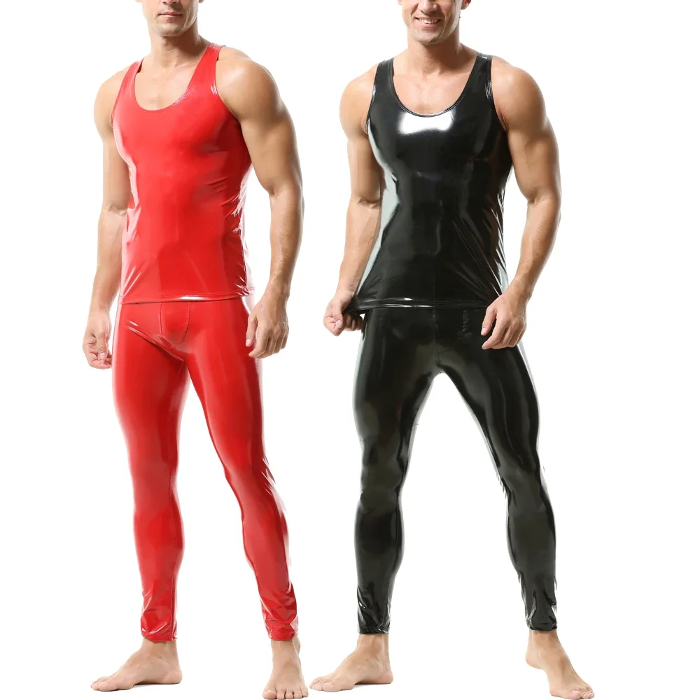 Shiny Wet Look PVC Leather Mens Clothes Set Glossy Tank Tops Undershirts Vest With Leggings Tight Pants Suit Male Party Clubwear