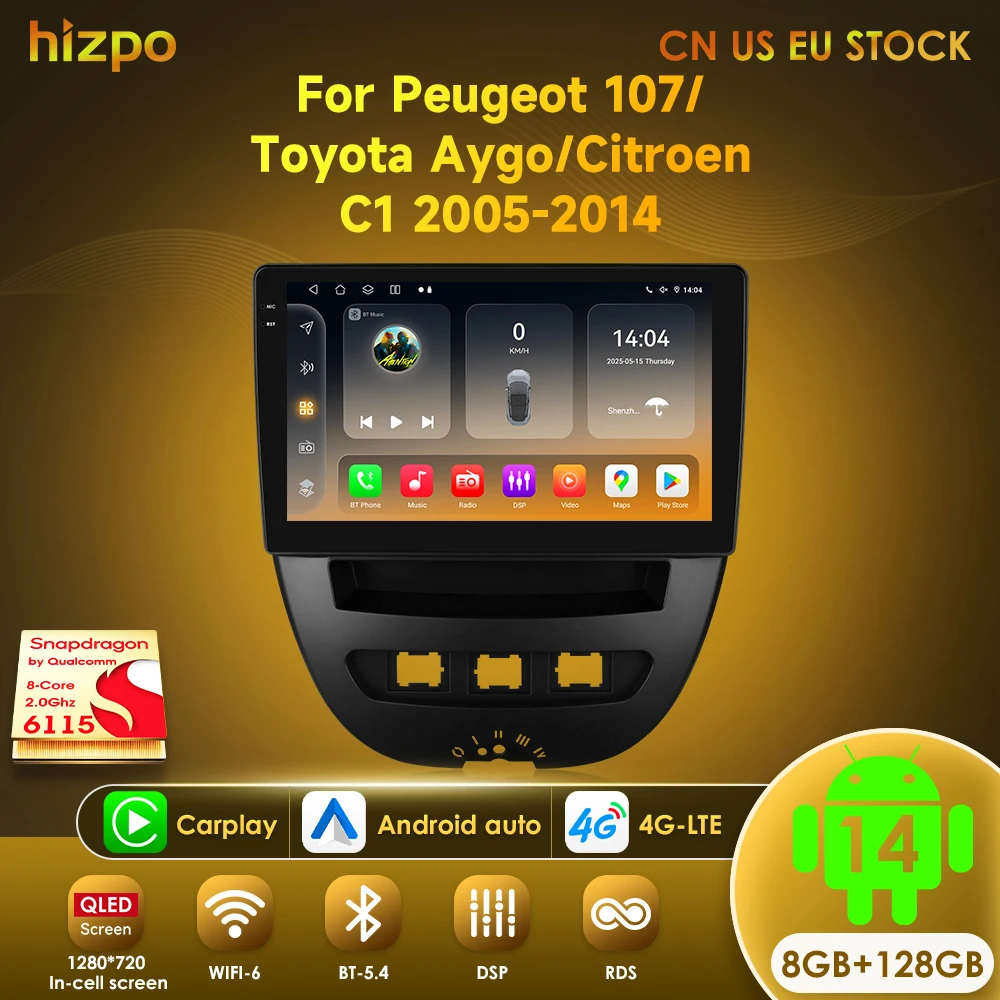 

Hizpo 2 Din Car Radio For Peugeot 107 Toyota Aygo Citroen C1 2005 - 2014 Navigation Wireless CarPlay Android Auto No 2din DVD
