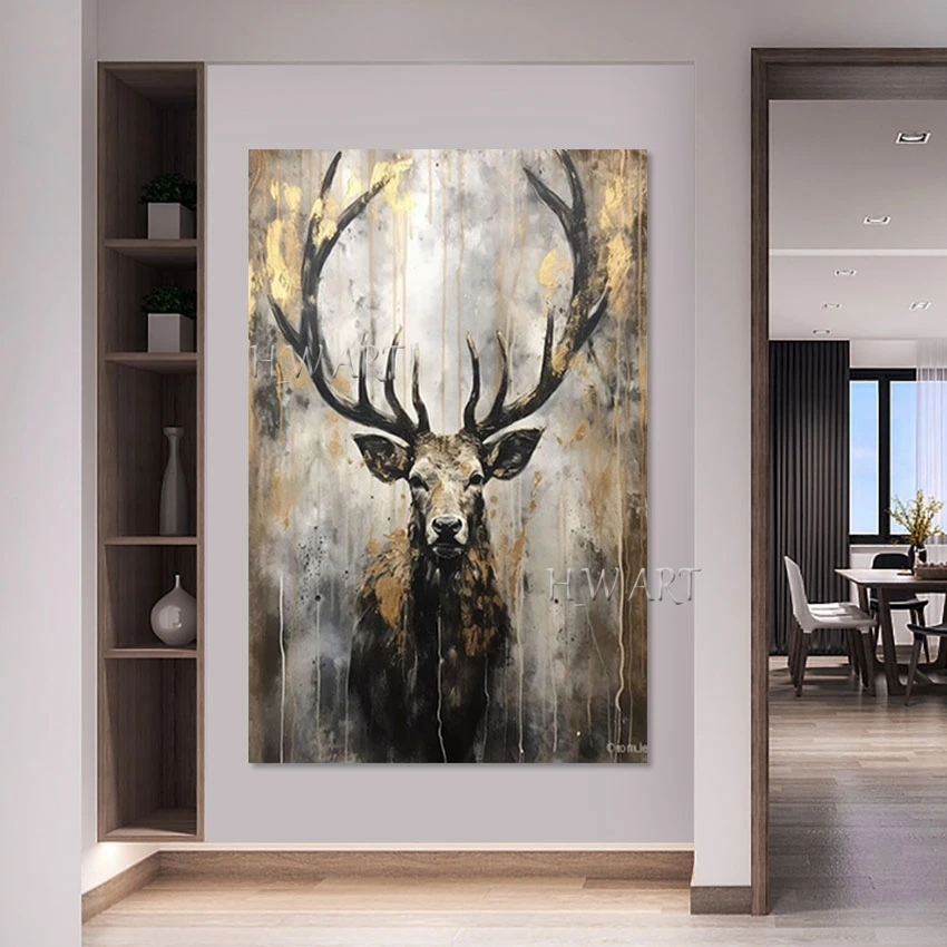 Abstract Gold Foil Textured Artwork, No Framed Decor Picture, Animal Oil Painting, Latest Arrival, Deer Art Modern Canvas Wall