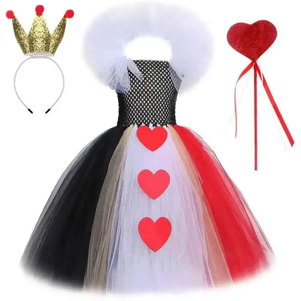 Girls Royal Red Queen Long Tutu Dress for Kids Halloween Christmas Full Length Costume with Crown Heart Wand Princess Ball Gown