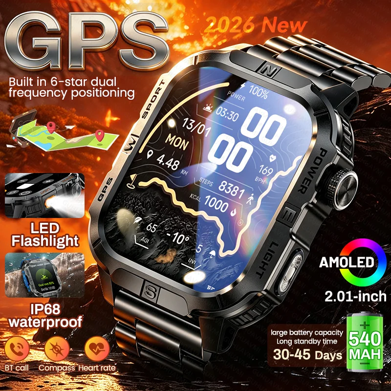 

2026New Outdoor GPS Smart Watch LED Flashlight 540mAh Battery 2.01”AMOLED Screen Sports Waterproof Bluetooth Call Smartwatch Men