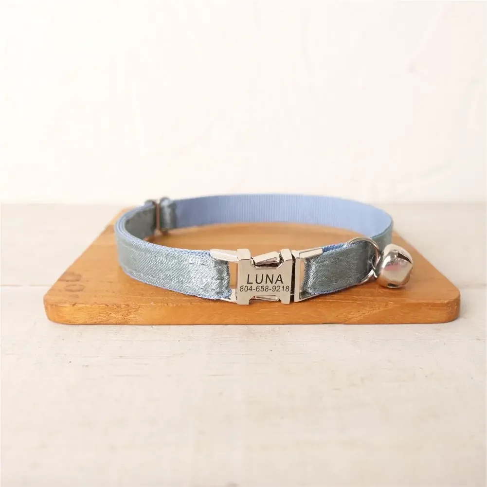 

Personalized Cat Collar with Free Engraving, Matching Pet Leash,Customzied Contacts Metal Buckle, Shiny Blue Pet Collar