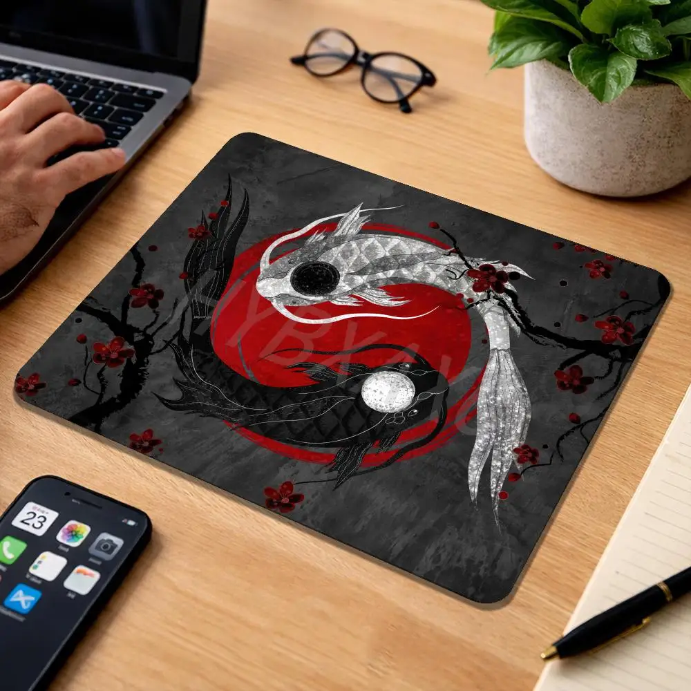HYBXAXC Japanese Koi Desk Mat Black And Red Mouse Pad Japan Fish Yin And Yang Bushido Mousepad Rising Sun Small Mouse Mat 32x28