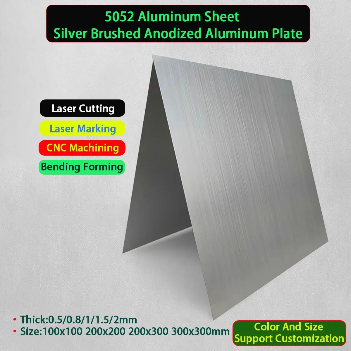 

5052 Aluminum Sheet Silver Brushed Anodized Aluminum Plate Thick0.5/0.8/1/1.5/2mm Size100x100 200x200 200x300 300x300mm