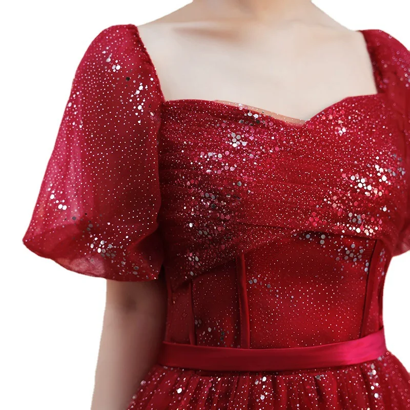 Wine Red Long Toast Wedding Dress Light Luxury Sequined Performance Evening Dresses Fashion Square Neck Chiffon Prom Gowns