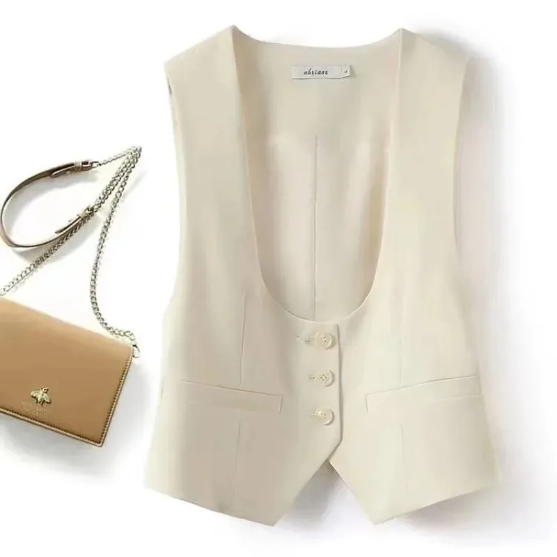 

Unisex Beige Sleeveless Vest V-Neck Buttoned Waistcoat for Formal Casual Wear