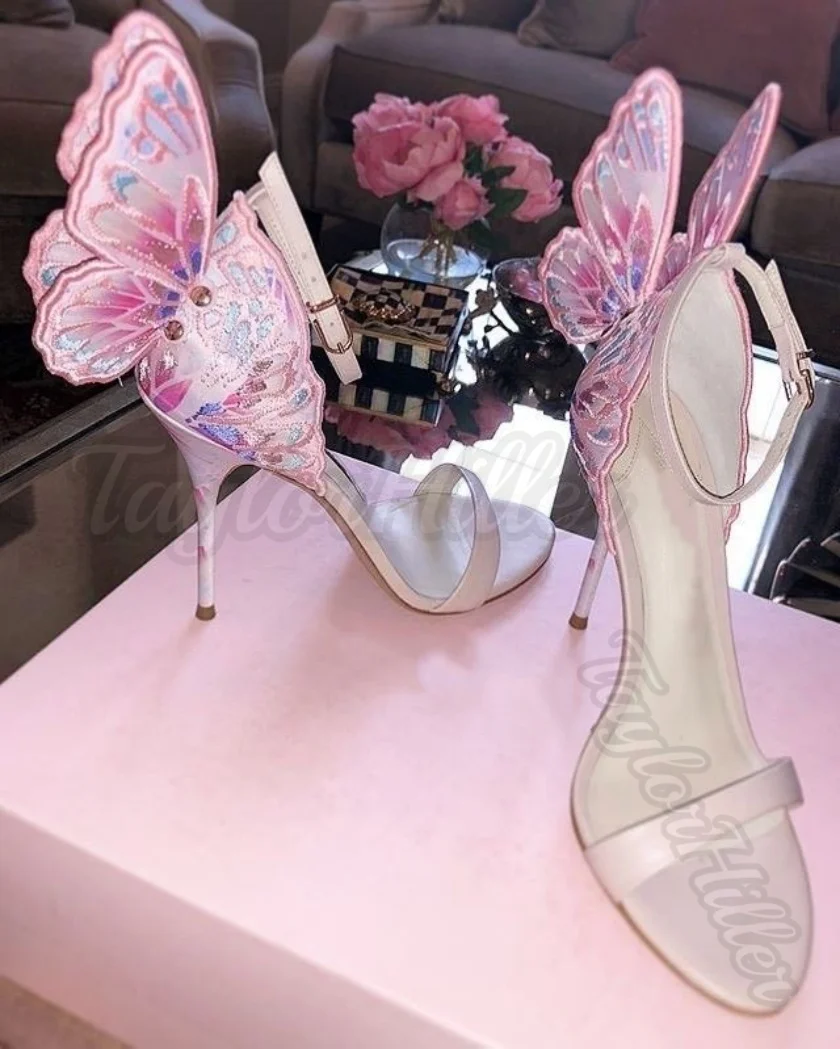 

Розовые босоножки на каблуке с крыльями бабочки, на одном ремешке, на шпильке, разноцветные, женские, люксовые, дизайнерские, весна-лето, современная обувь