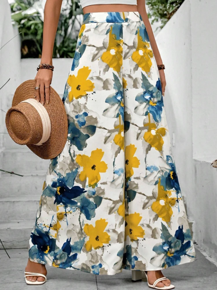 Pantaloni a gamba larga da donna con stampa floreale