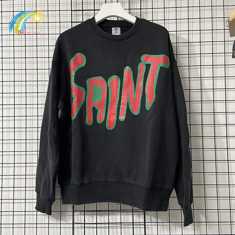 24FW High Quality Cotton Classic Cracked Logo Print Saint Pullovers Men Women Vintage Washed Black Sweatshirts Oversized