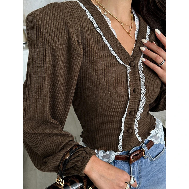 Vintage Black Knitted Cardigan Women Elegant Cropped Lace Sweater Outerwears Korean White Knitwear Winter Long Sleeve Jumpers