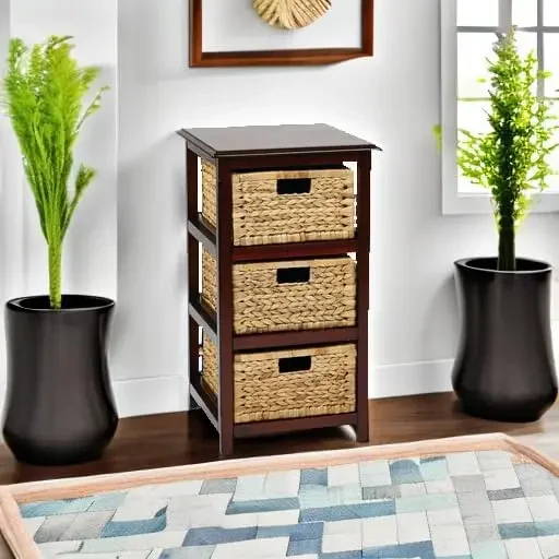 Home Furnishings Seabrook Storage Tower with Solid Wood Frame and Natural Baskets, 3-Drawer, Espresso Finish