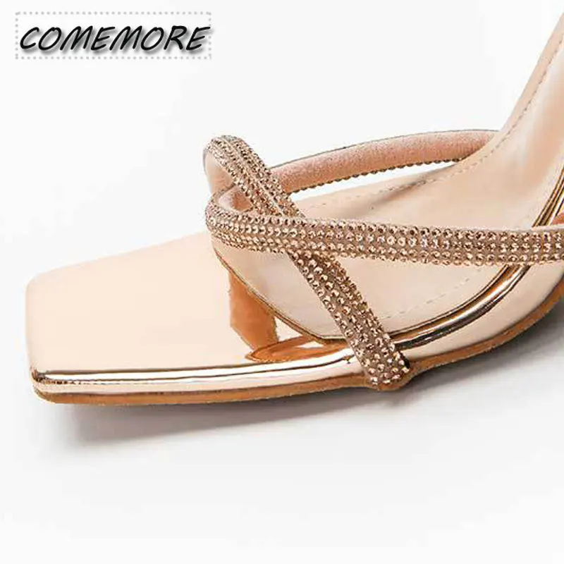 2023 Fashion Rhinestones Gladiator Silver High Heels Ankle Strap Strappy Sandals Women\'s Sexy Stiletto Party Bridal Shoes Summer