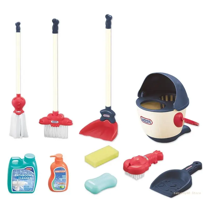 Y4UD 9/10 Pcs Kids Cleaning Set Toy Cleaning Set Broom Mop Brush Dust Pan Towing Bucket Soap Brush Birthday Gift for Kids