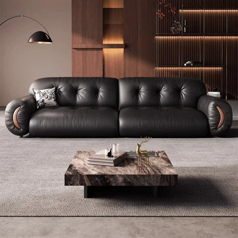 Electric sofa Italian minimalist French retro style living room black first layer cowhide cloud sofa bed