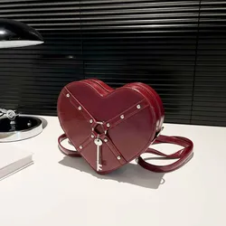 Vintage Rivet Shoulder Bag Heart Shaped Purse Handbag Red PU Leather Gothic Tote Bag Fashion Women Crossbody Bag