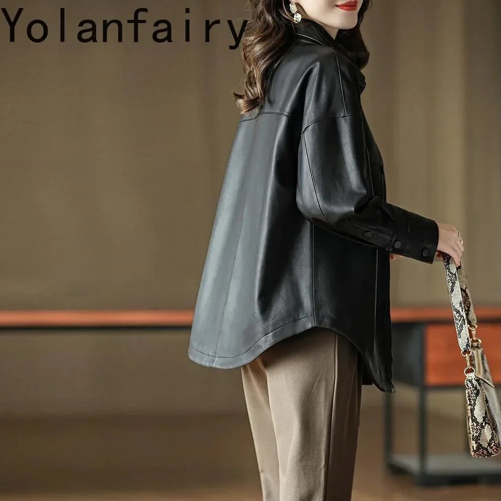 YOLANFAIRY Autumn Genuine Leather Jacket Women's Sheepskin Coat Female Mid Long Loose Korean Trench coat Куртка Женская Кожаная