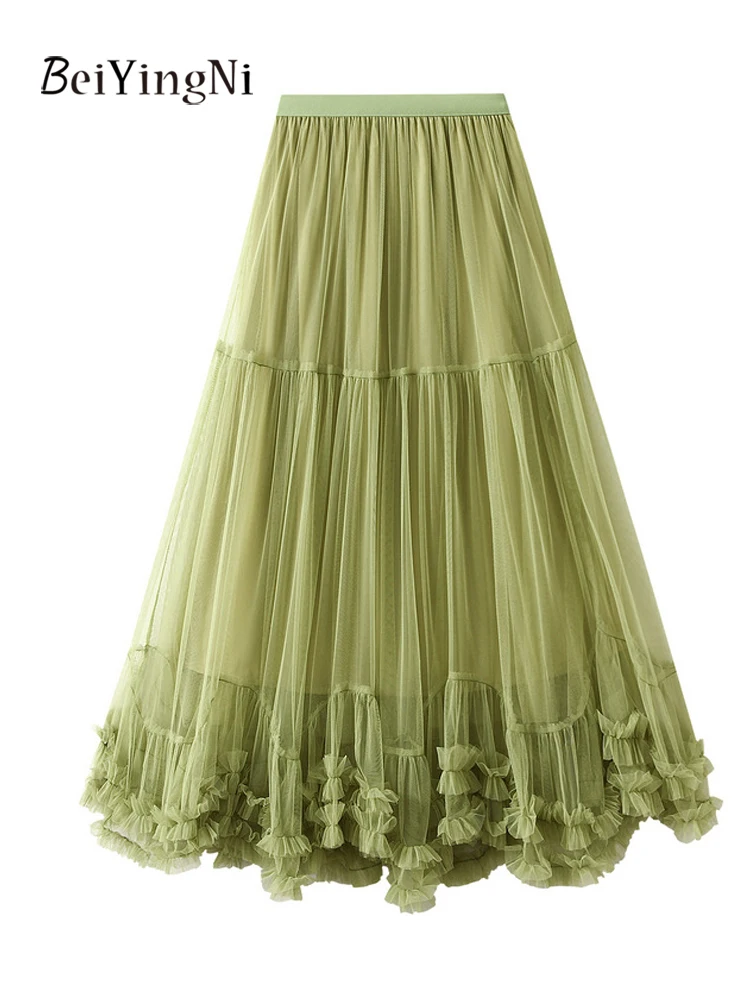 

Beiyingni Women's Fluffy A-line Skirts New Fashion Slim French High Waist Mesh Pleated Maxi Skirt Elegant Luxury Black Faldas