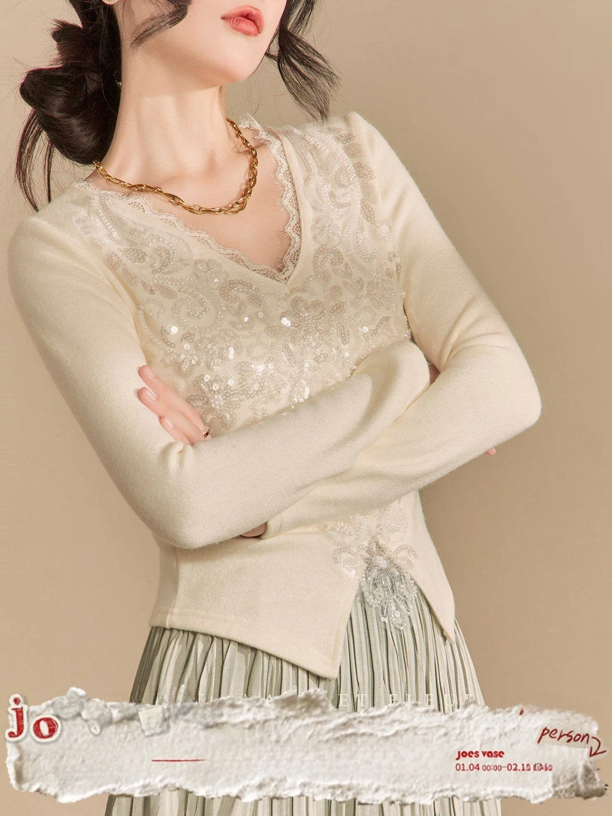 

Романтическая облегающая трикотажная футболка с V-образным вырезом, вышивкой пайетками, длинным рукавом, дизайнерская модель Jo And Flower Vase