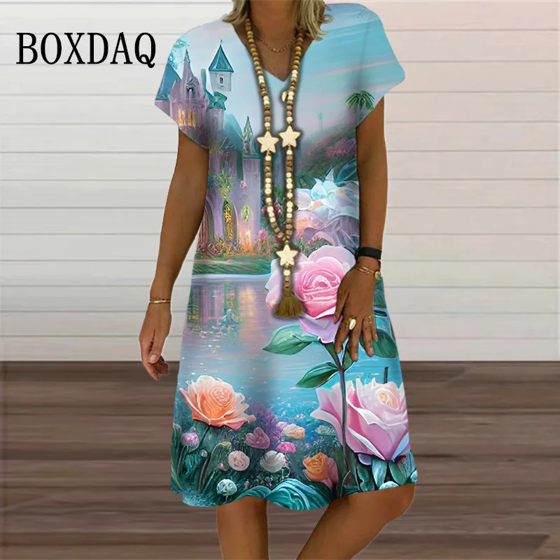 

Женское платье с принтом в виде роз, Повседневное платье большого размера с коротким рукавом и V-образным вырезом, лето