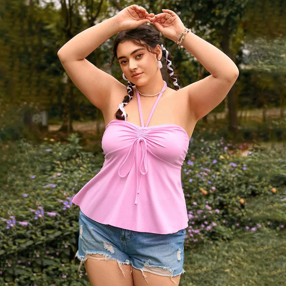 2024 Plus Size Women Tops Simple Sexy Temperament Thin Pink Neck Camisole Tank Top New Fashion Casual Solid Color Large Blouses