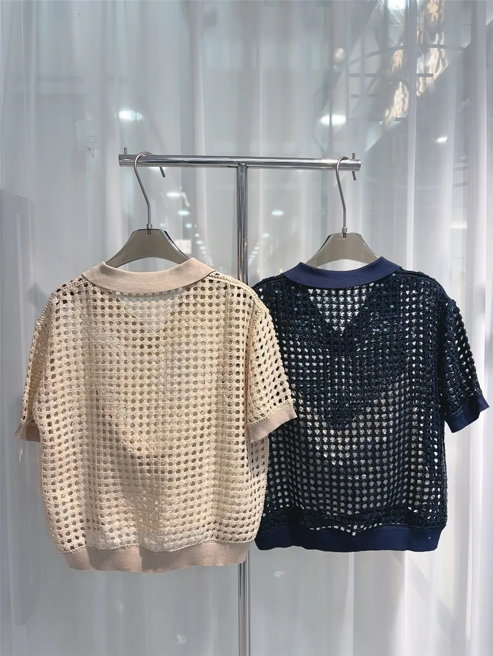 Sequin Open-Knit Short-Sleeve Polo Shirt Includes Inner Lining