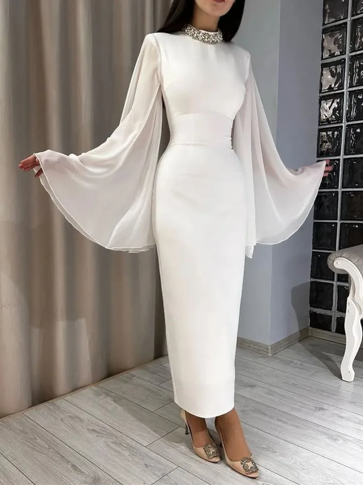 

Maxi Wedding Dress Column Crystal High Collar Ankle Length Women's Wedding Gowns Ivory Customizable Reception Bridal Dresses