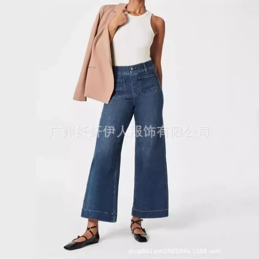 Women Loose Flare Jeans Denim Pants Ankle Length Fashion Casual Solid Color High Waist Pockets Button Jeans New