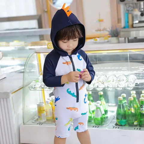 빠른 건조 아기 소년 수영복 긴 소매 후드 수영복 지퍼 원피스 수영복 태양 보호 Beachwear