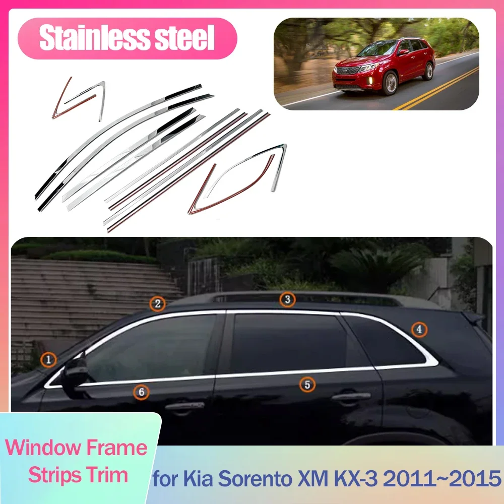 Full Window Frame Strips Trim for Kia Sorento XM KX-3 2011~2015 2012 2014 Cover Silver Stainless Steel Sticke Styling Accessorie