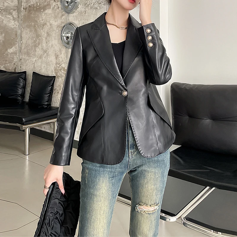 M-3XL Spring Real Leather Blazer Jackets For Women Chic Lapel Collar Single Button Ladies Short Slim Sheepskin Suit Jackets 2025