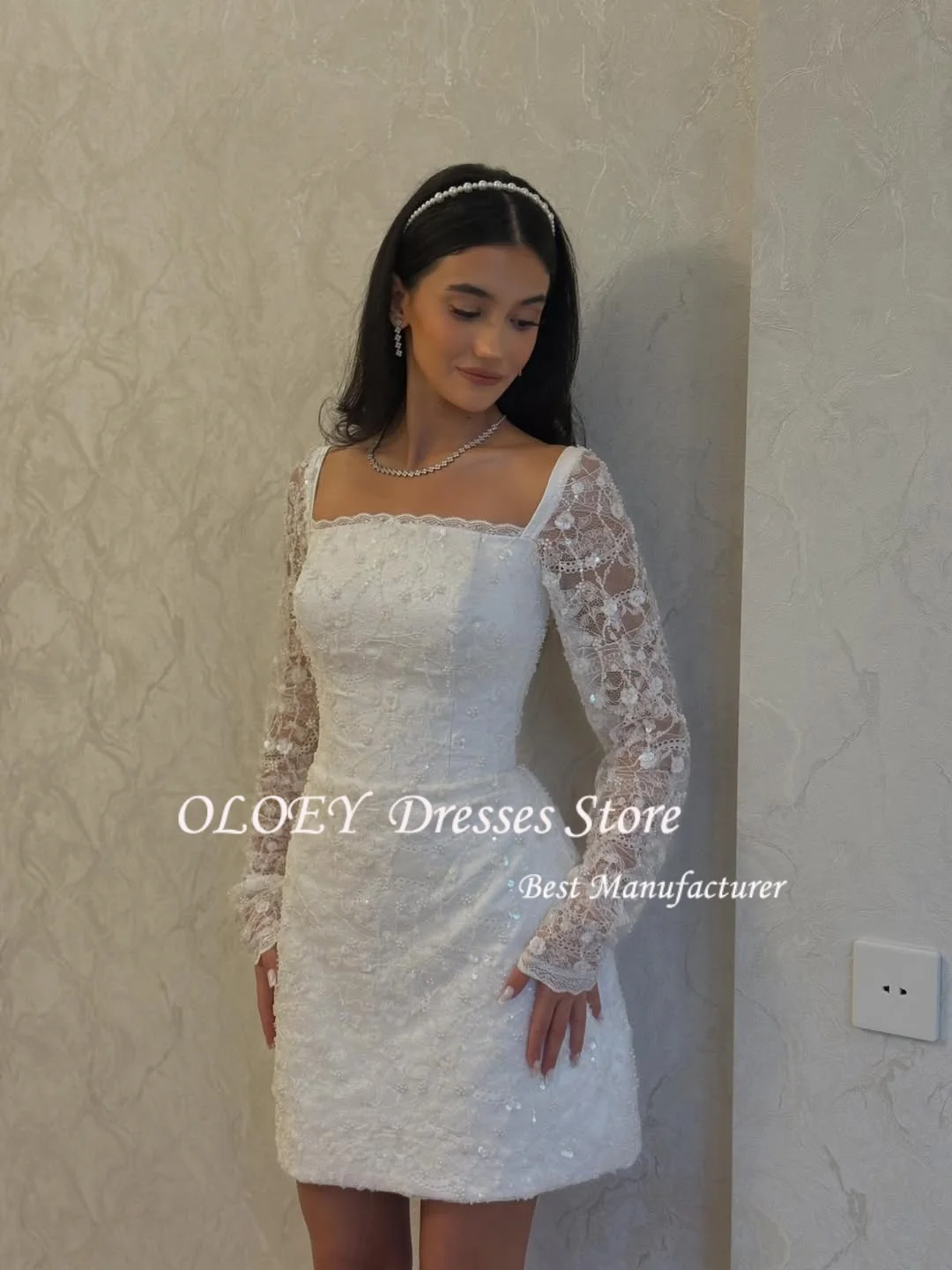 Oloey branco acima do joelho brilhante vestido de noite manga longa luxo lantejoulas formal vestido de baile dubai vestido de festa personalizado