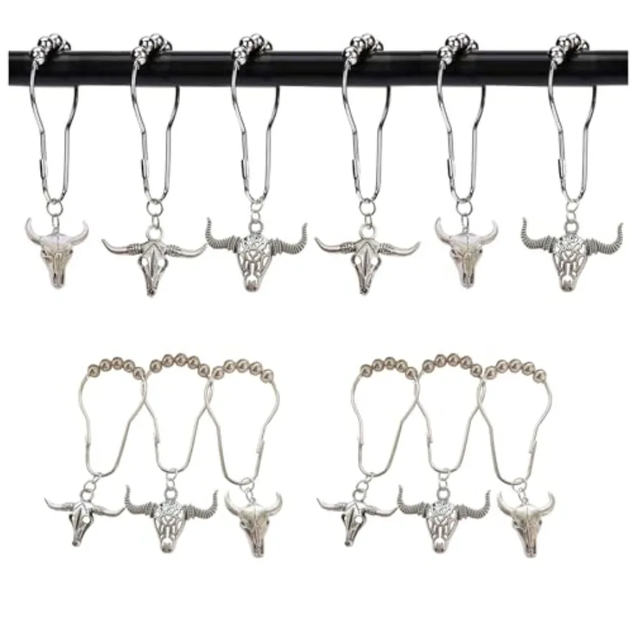 

Cow Shower Curtain Hooks Rings, 12Pcs Rustproof Stainless Steel Bull Skulls Pendants Accessories